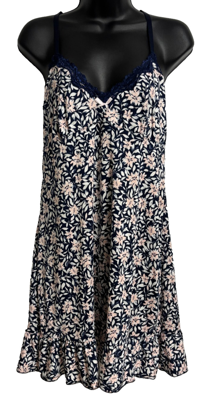 Marilyn Monroe Large Chemise Nightgown Navy Pink Floral Ruffle Sleep Dress New